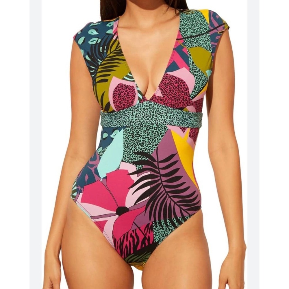 Bleu rod beattie animal party Print V-Neck Cap Sleeve One Piece Swimsuit size 10 - Picture 1 of 9